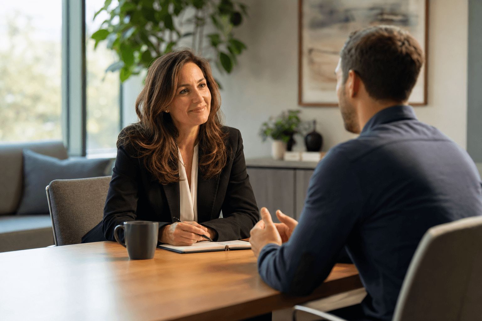 A compassionate EAP counselor meeting with an employee in a warm, professional office setting