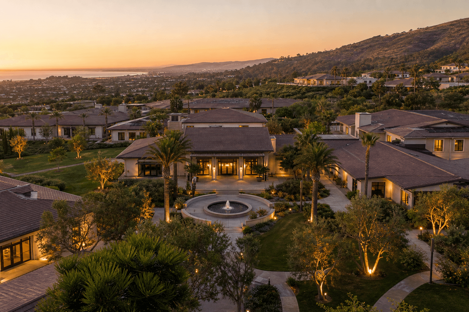 Aerial golden-hour view of a serene behavioral health treatment campus in Orange County California with courtyard fountain and coastal hills