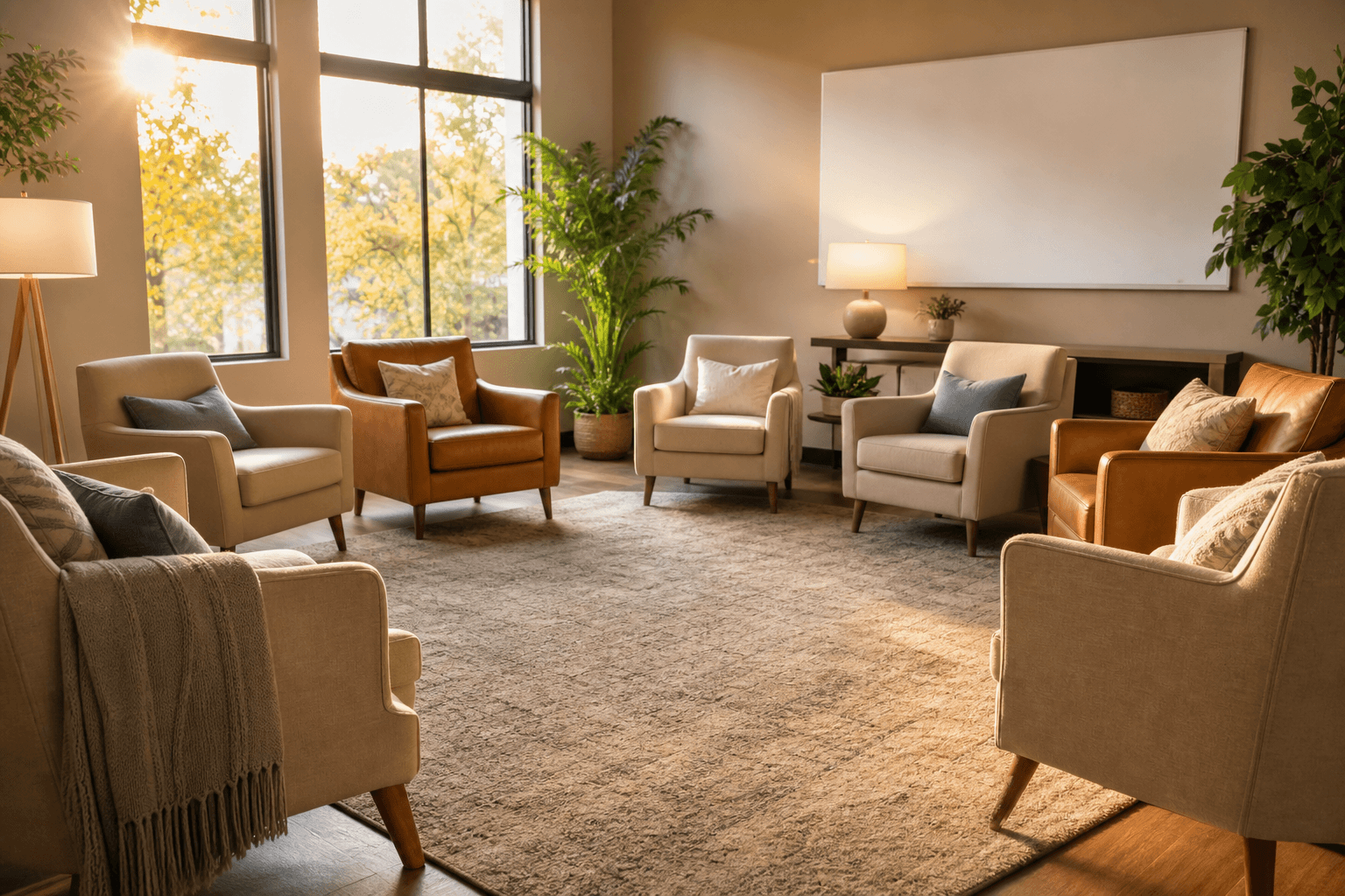 Bright premium group therapy room at Rize OC Partial Hospitalization Program in Orange County
