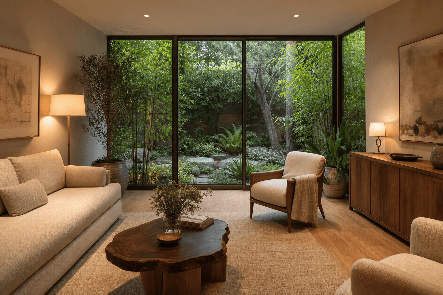 Warm sunlit therapy room interior at Rize OC treatment center overlooking a private garden