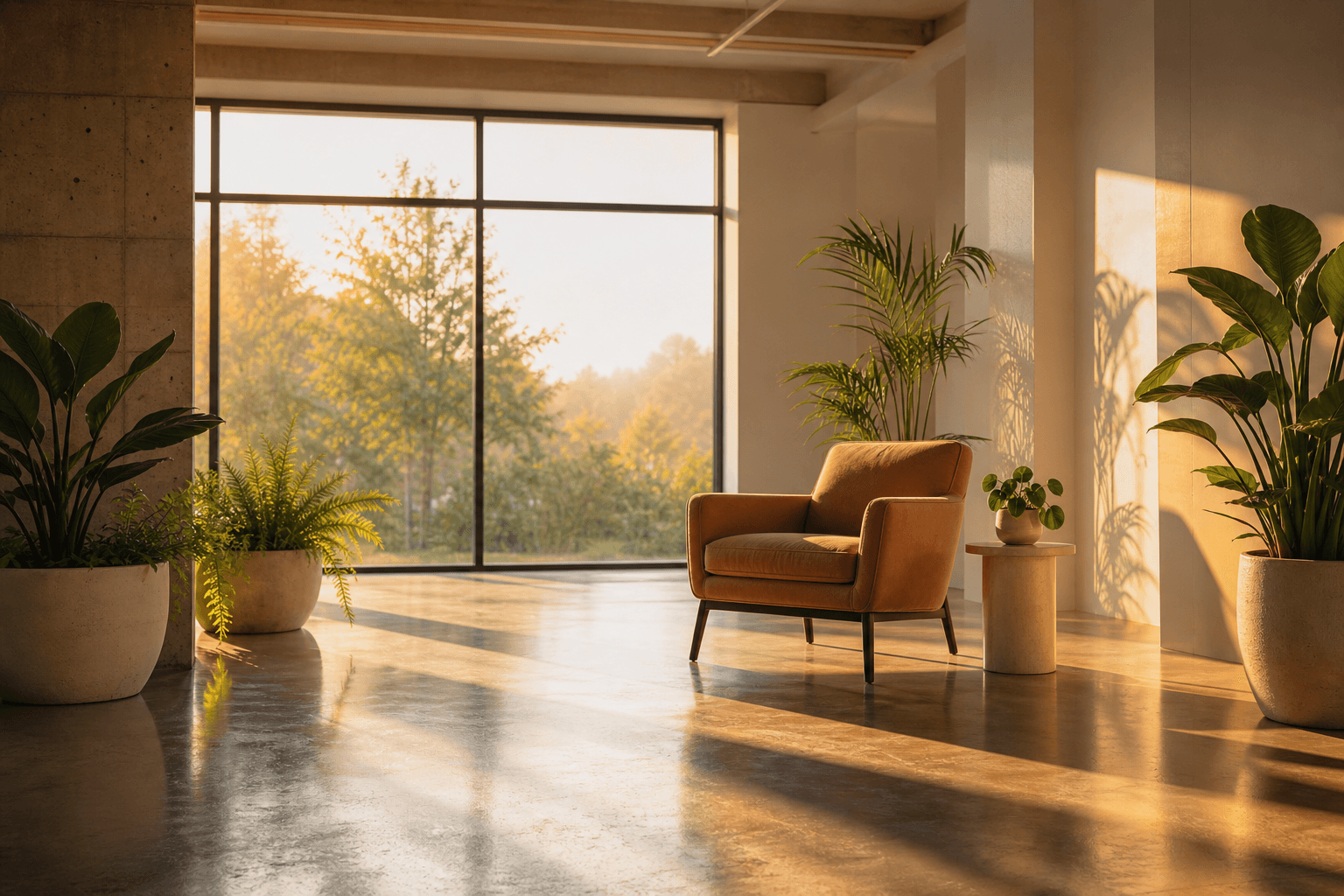 Warm morning light streaming through windows in a peaceful recovery space in Orange County California
