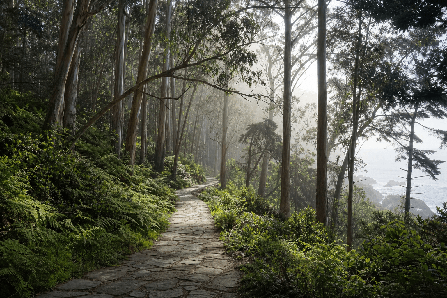 Soft morning light through a forested path representing recovery from benzodiazepine dependence in Orange County