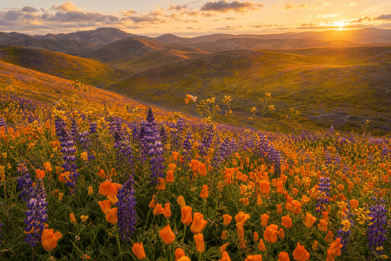 California wildflower meadow at golden hour representing clarity and grounding in recovery near Orange County