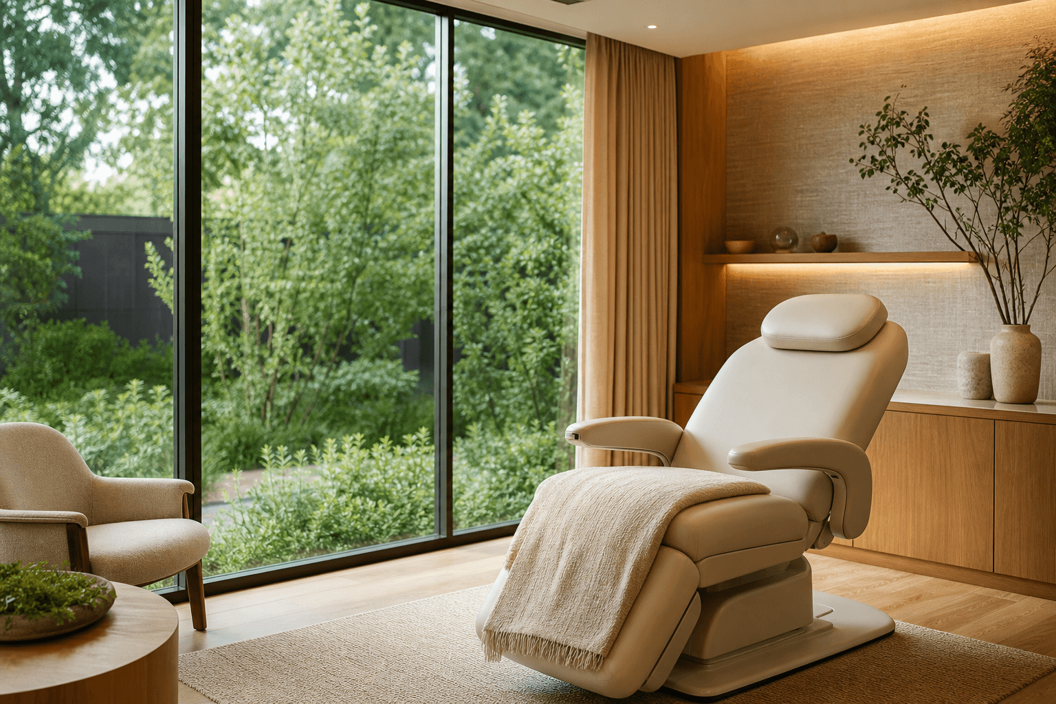 Warm natural light through windows of a peaceful healing room in a luxury treatment center in Orange County California