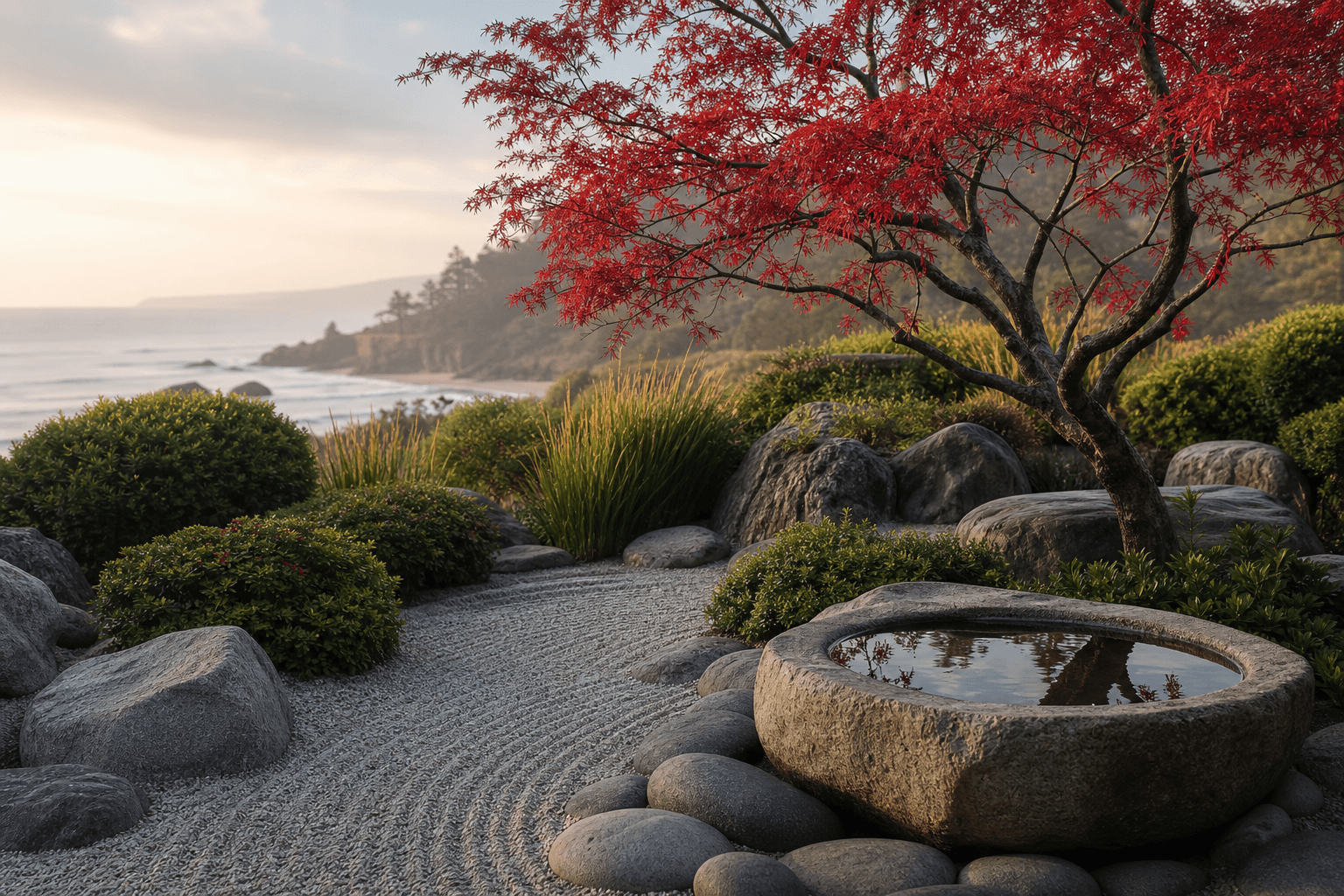 Tranquil Japanese healing garden with autumn maple tree representing calm and recovery near Orange County California