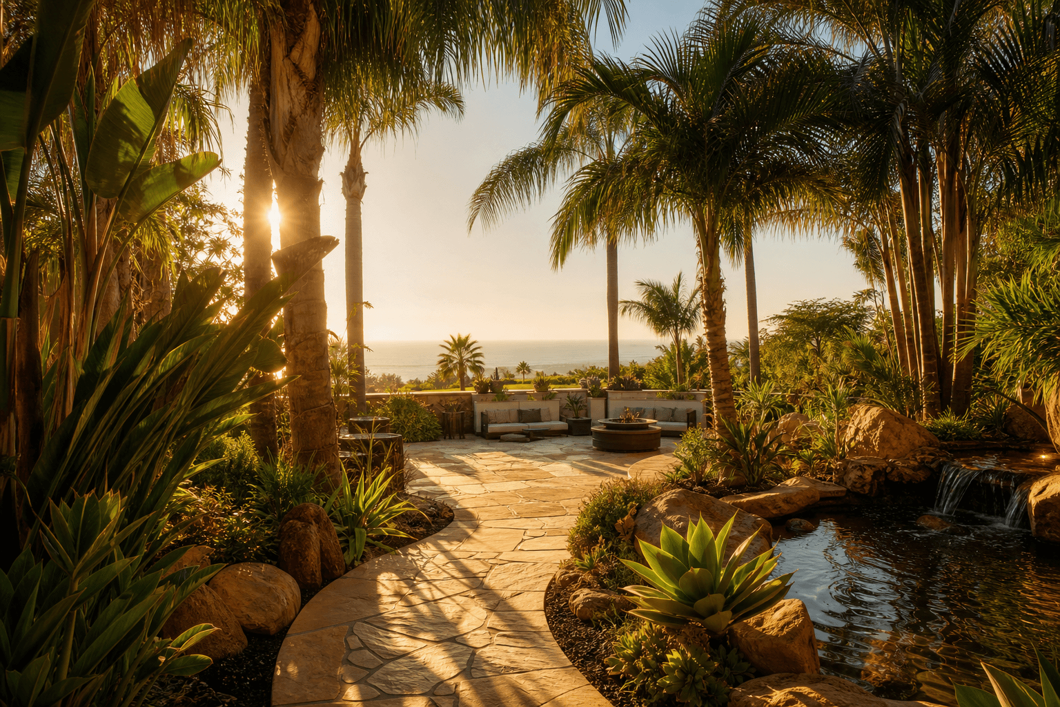 Serene healing garden courtyard at a luxury treatment center in Orange County California