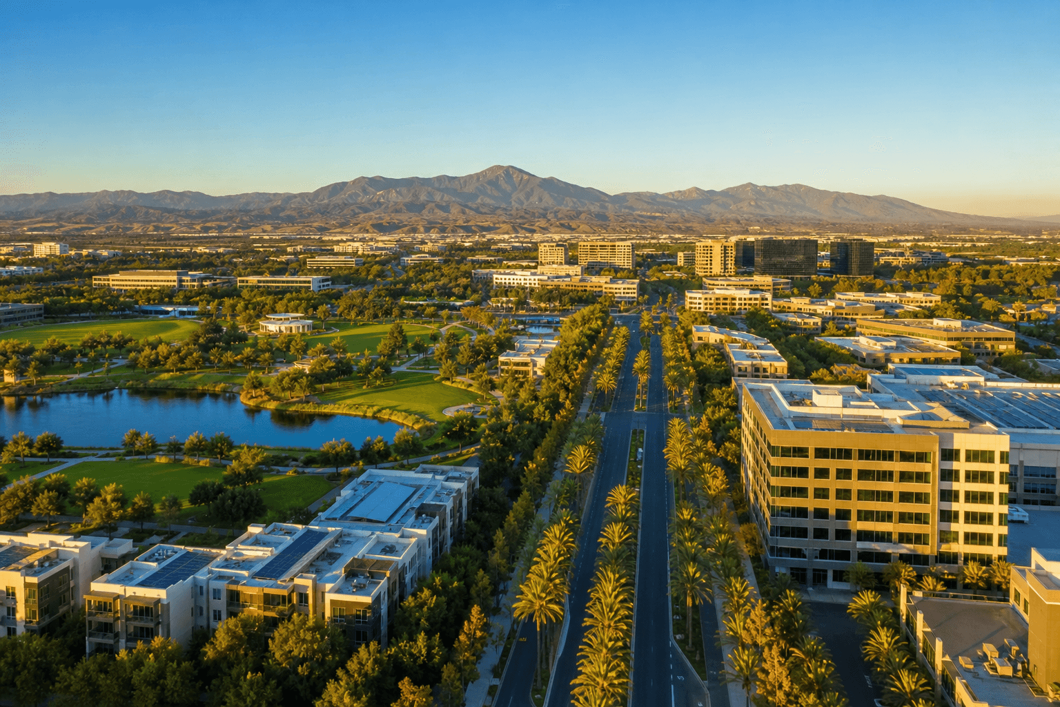 Aerial view of Irvine California — palm-lined boulevards, green parks, and the Santa Ana mountains in the distance at golden hour