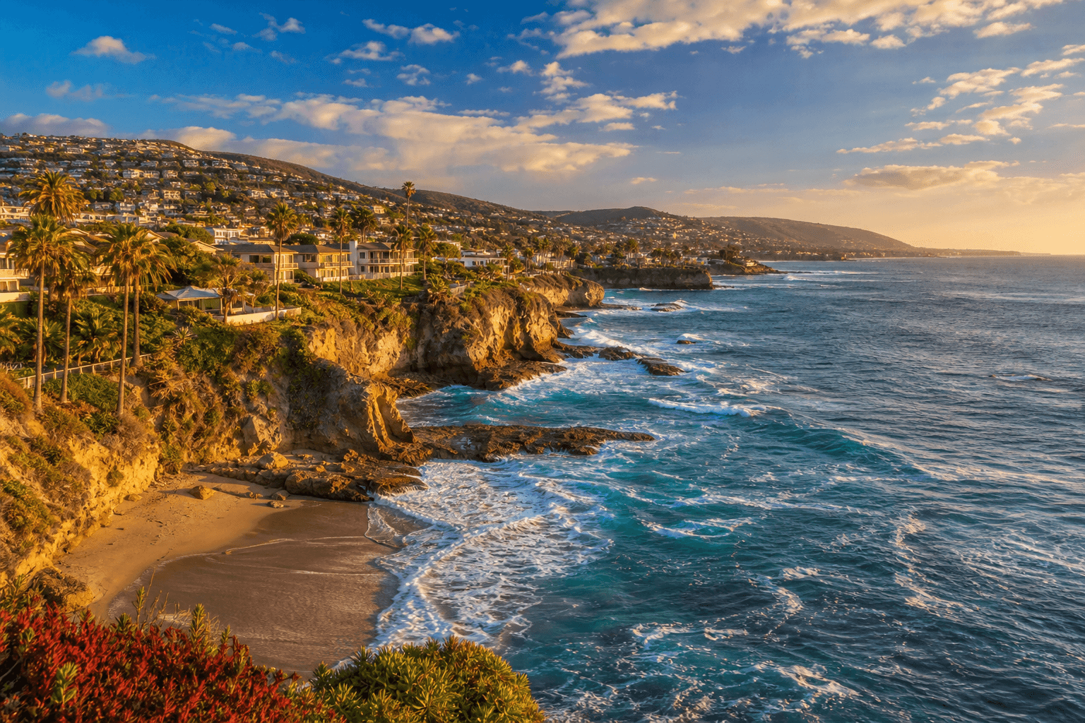 Stunning sunset view of Laguna Beach California — dramatic rocky cliffs, turquoise Pacific Ocean, and the hillside community above