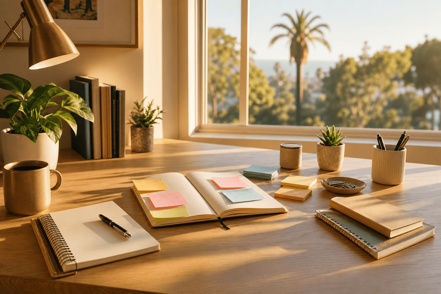 Warm organized creative workspace in California afternoon light representing focus and clarity in ADHD treatment
