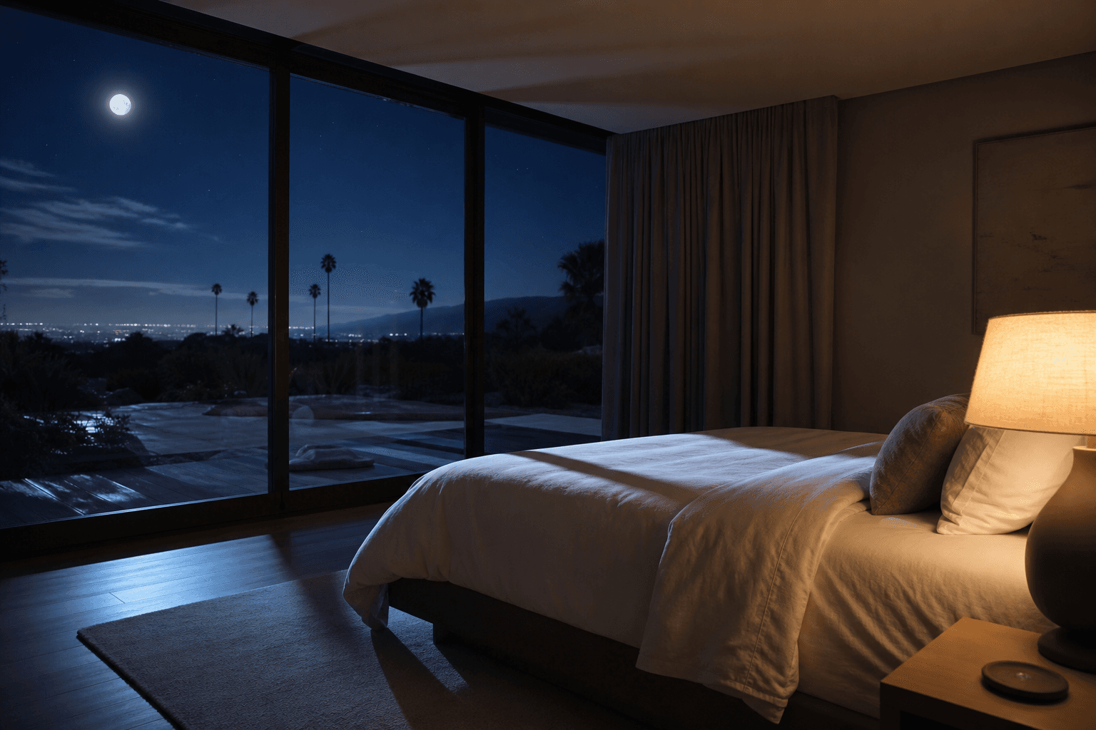 Serene moonlit bedroom interior in California representing restful sleep and recovery from insomnia