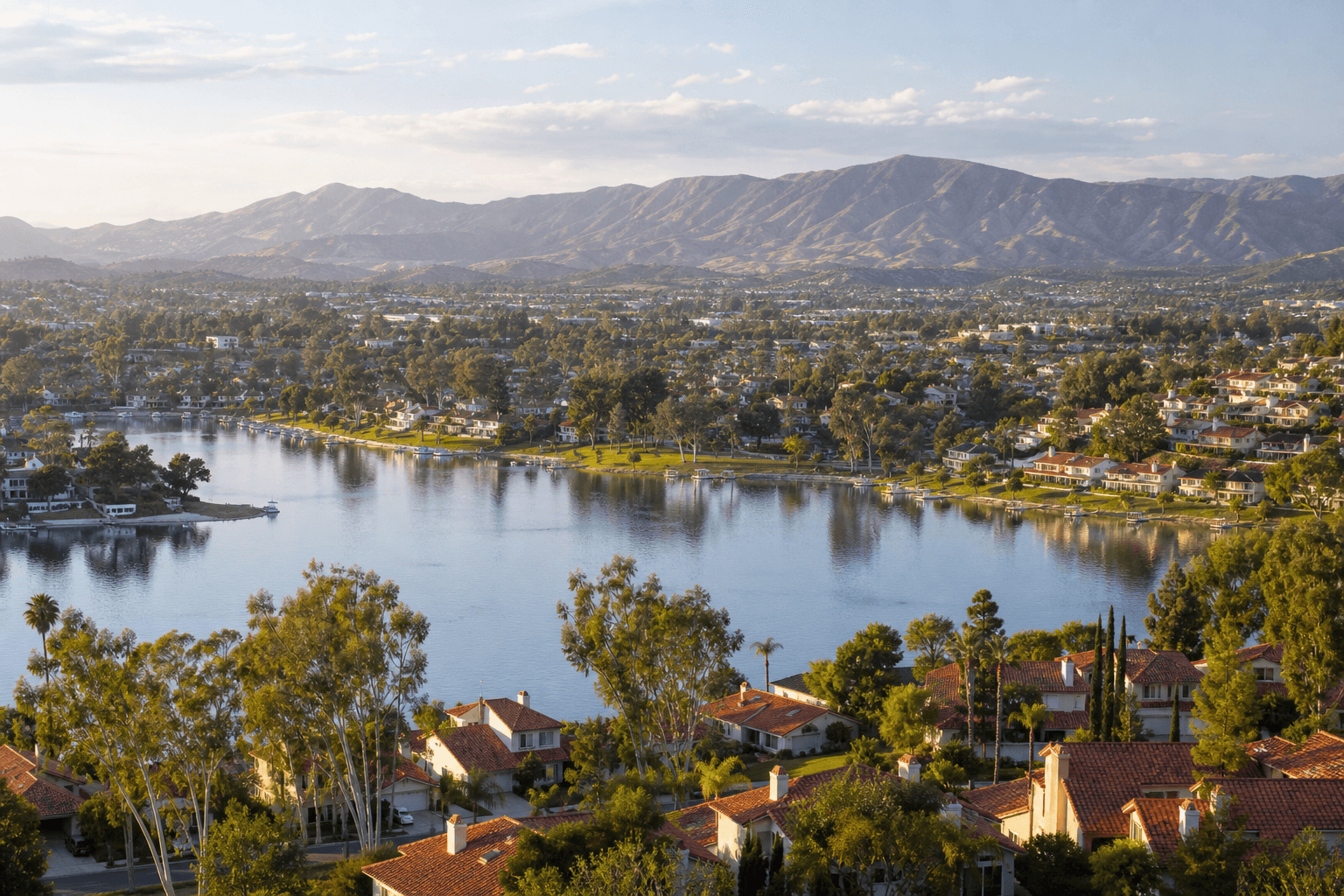Peaceful aerial view of Mission Viejo California — Lake Mission Viejo, tree-lined neighborhoods, and the Santa Ana mountains in the distance