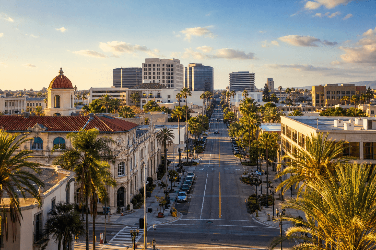 Golden-hour aerial view of Santa Ana California downtown — palm-lined boulevards, historic architecture, and the Orange County skyline