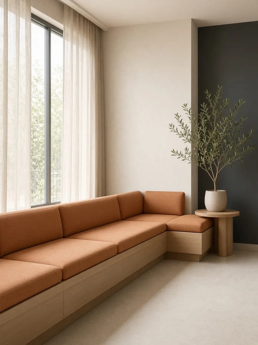 Outpatient clinic lounge with a light oak bench, caramel cushions, and a potted olive tree in soft daylight