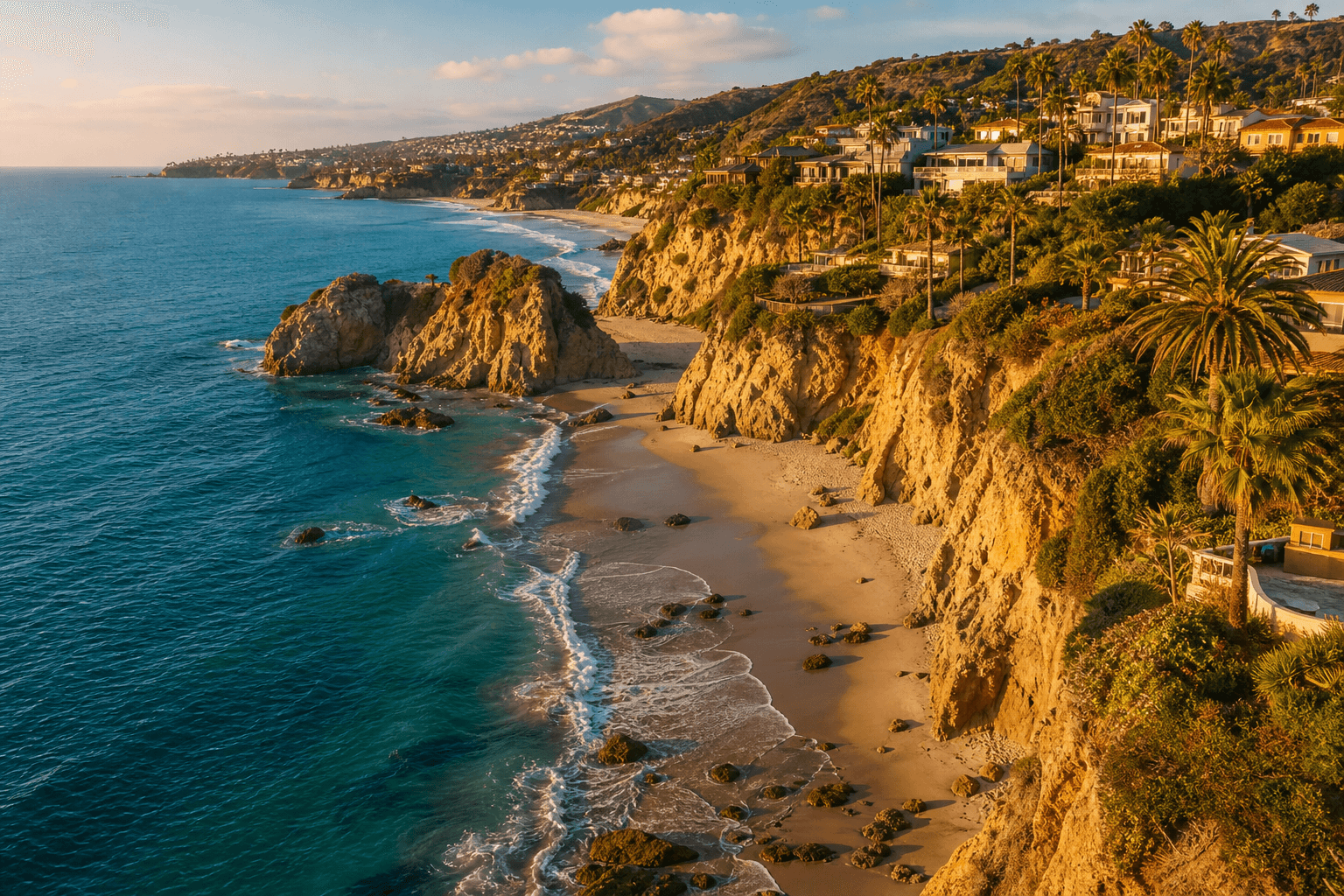 Aerial view of the Southern California coastline near Orange County at golden hour
