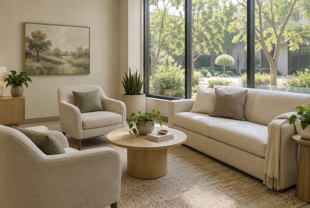 Sunlit lounge with armchairs and a sofa at Rize OC in Lake Forest